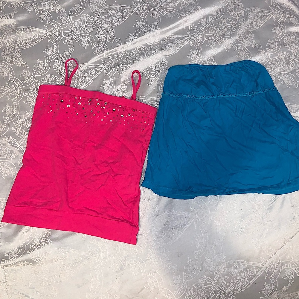 Y2k Top Bundle. Pink sequin tank and ruffled blue tank